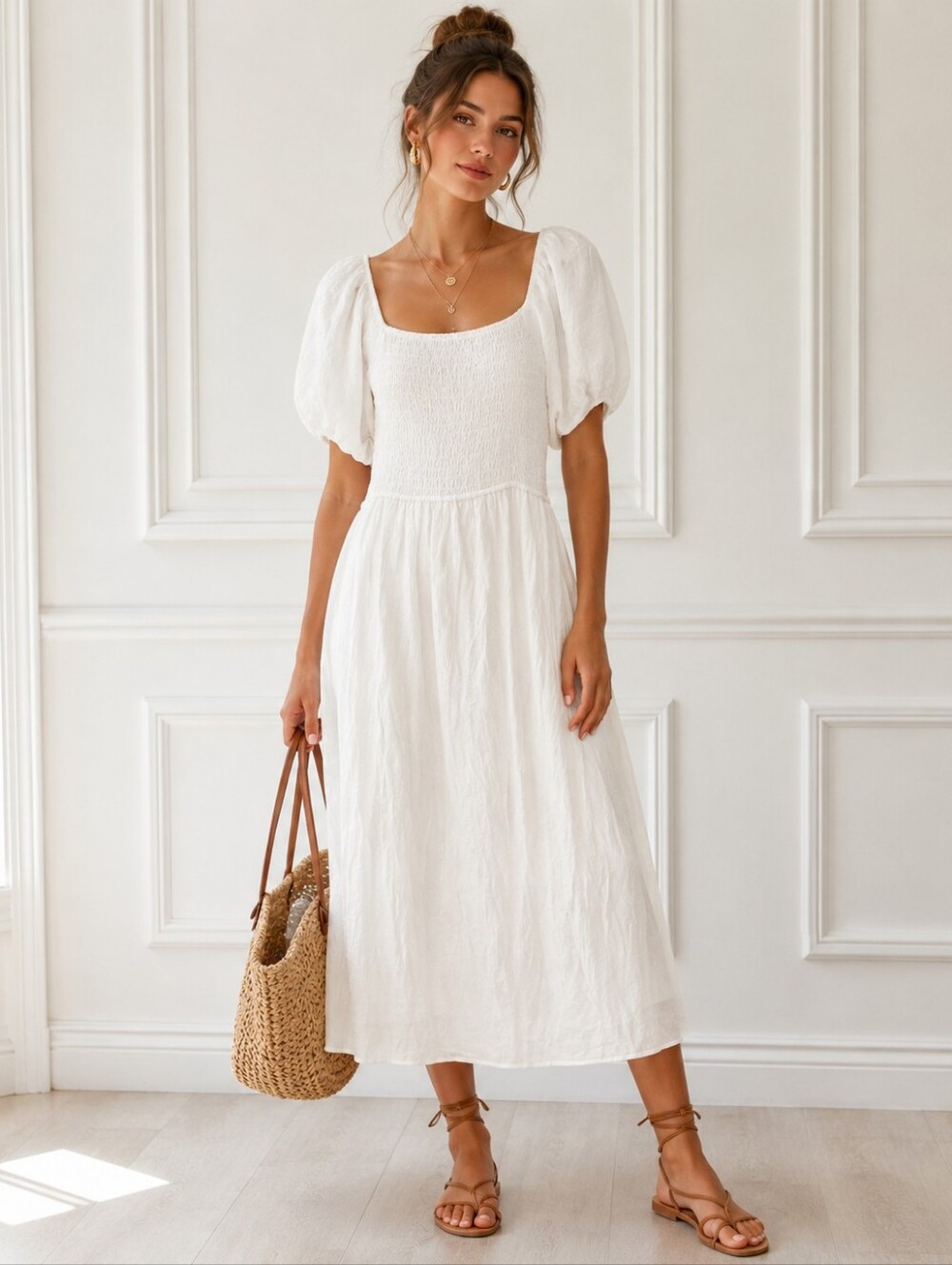 Indigo Rose White Smocked Maxi Dress | Puff Sleeve Cottagecore Boho | Size M